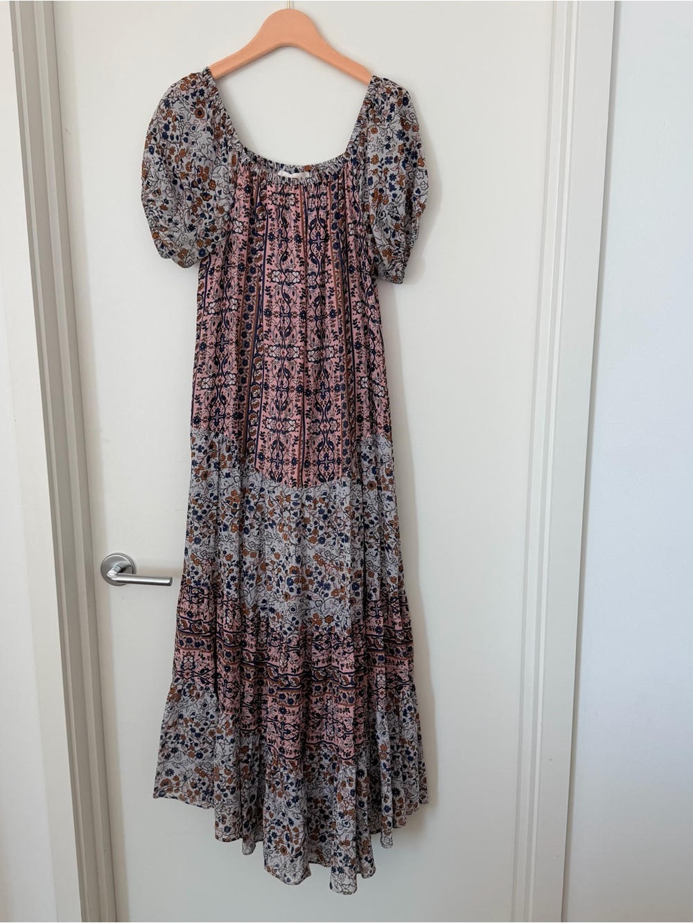 See by Chloe Boho Floral Pink and Blue Puff-Sleeve Maxi Dress
